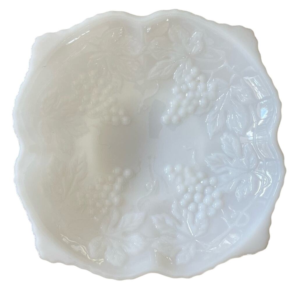 Vintage Milk Glass Grape Harvest Serving Bowl White Scalloped Footed Shabby Chic